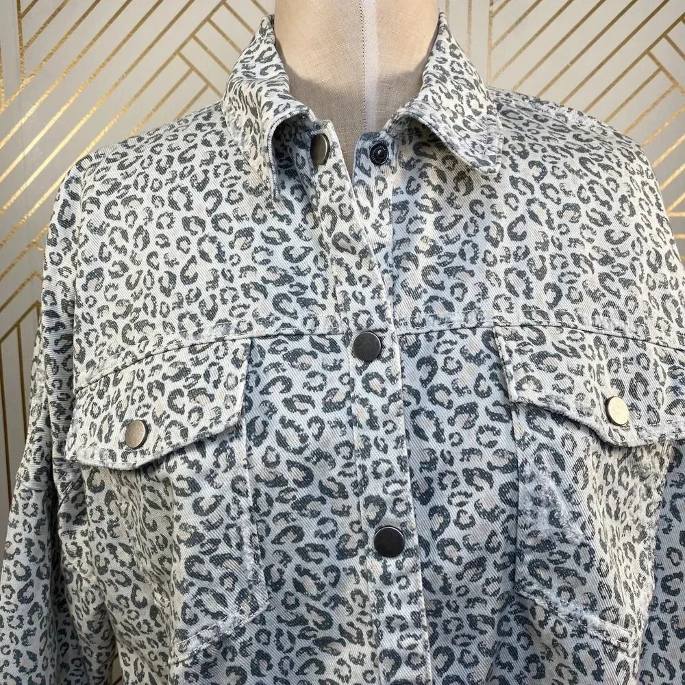 Zara Jacket Animal Print Overshirt Button Down Frayed Leopard‎ Gray Size Small